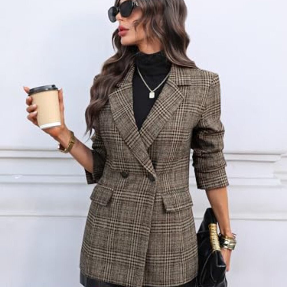 Houndstooth Plaid Tweed Blazer Double-Breasted Slim Fit Chic Work Wear - Picture 6 of 8